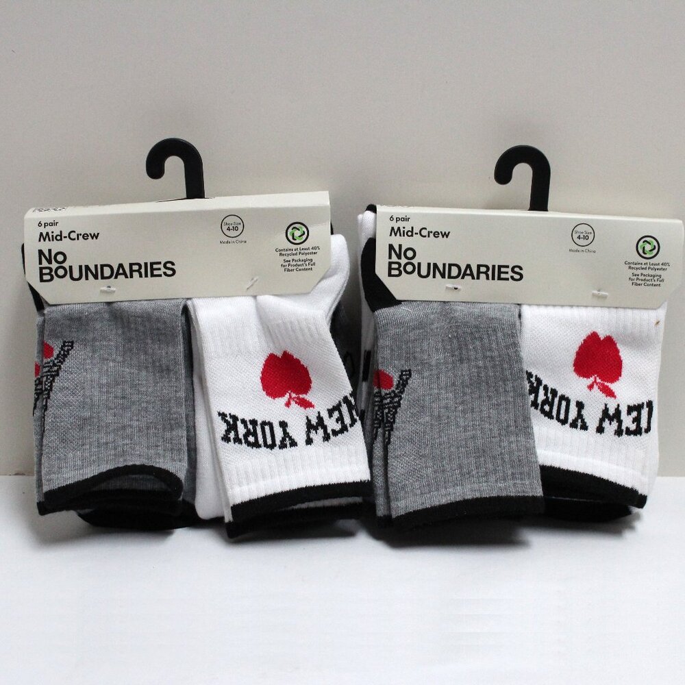 2 Packs (6 Pair Each - 12 Total) No Boundaries Mid-Crew Socks Shoe Size 4-10